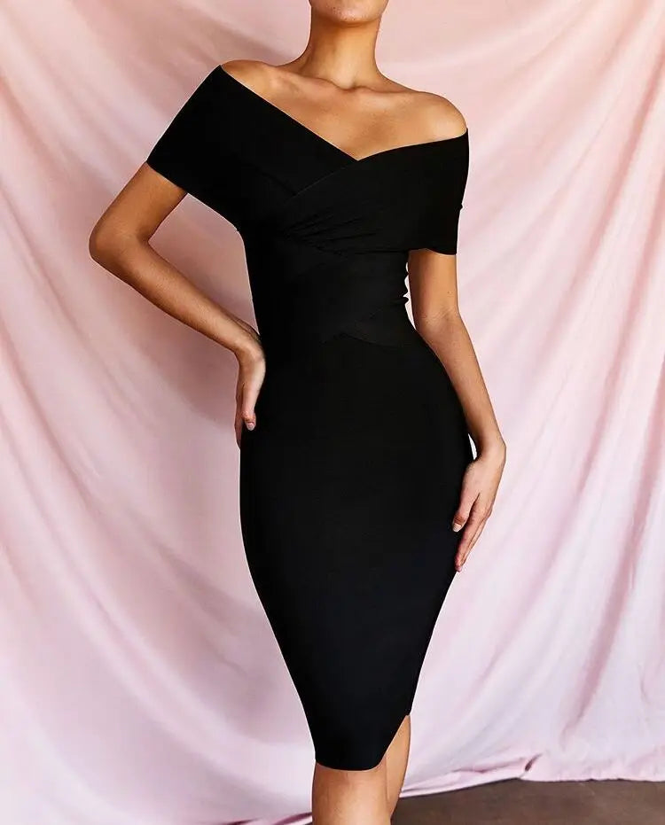 Summer Women Bodycon Sexy Off The Shoulder Rayon Bandage Dress Club Dress Midi Celebrity Party Dress