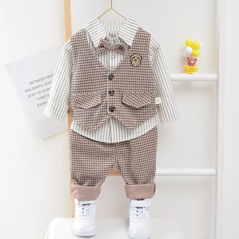 Children Kids Gentleman Clothing Suit Birthday Wedding Party Elegant Set Baby Boy Casual Wear Striped Shirt Vest Pants Costume Khaki