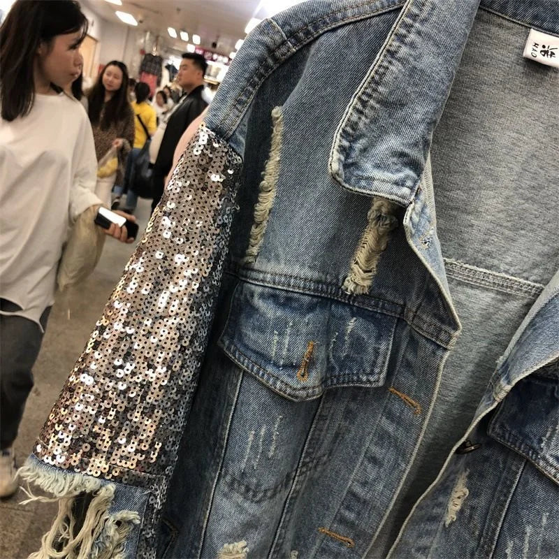Streetwear Woman Coat Denim European Style Sequin Jacket Female Spring Autumn Jeans Clothes Woman Bling Jacket Coat