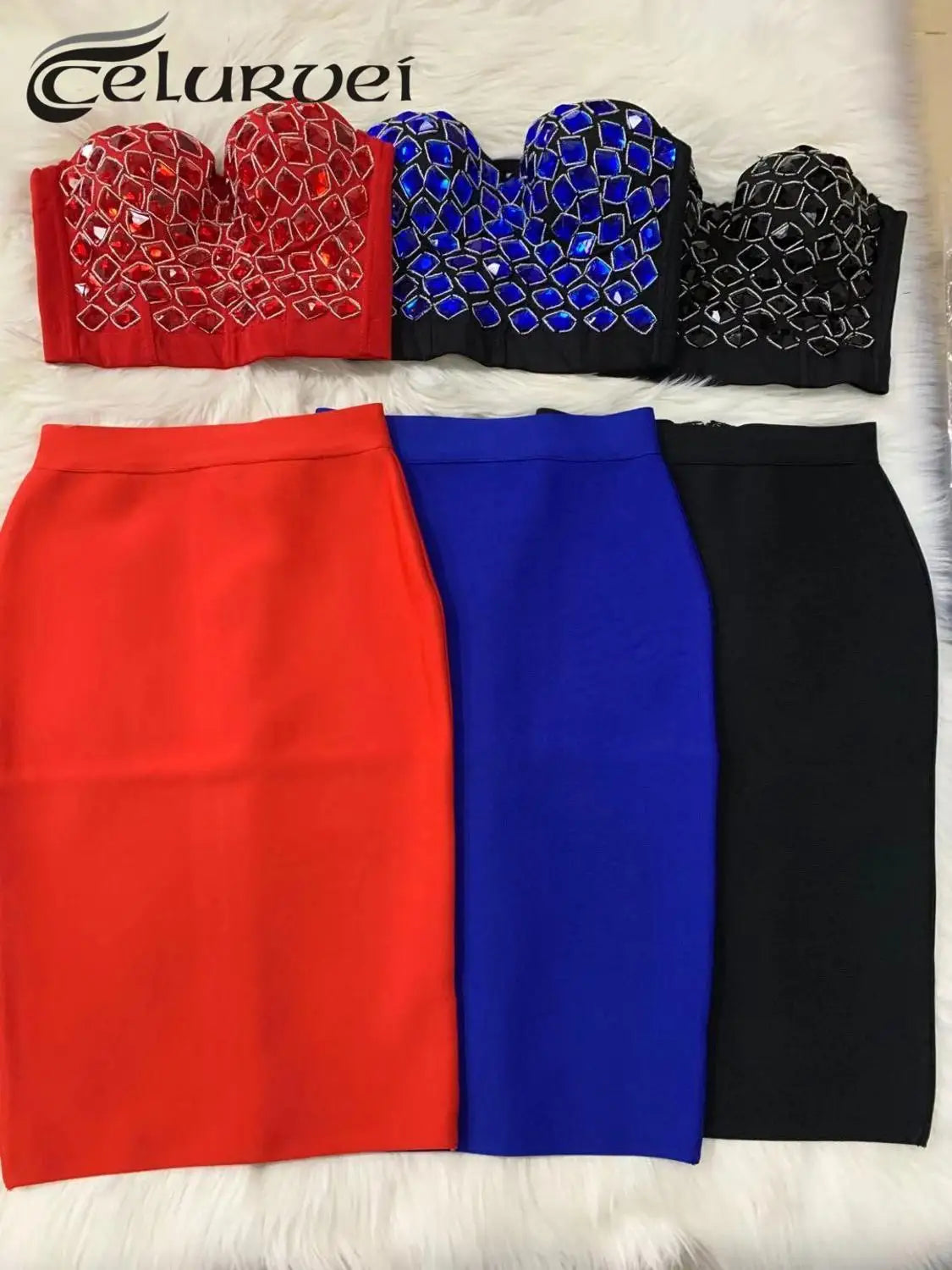 Red Mantual Beading Two Pieces Set Rayon Bandage Elegant Club Party Dress