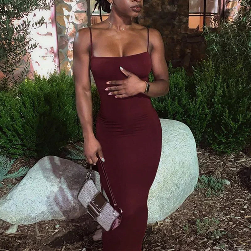 Women Casual Summer Spaghetti Strap Bodycon Dress Fashion Solid Color Sleeveless Backless Slim Fit Sling Long Dress