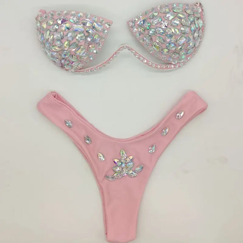 Diamond bikini crystal bikini swimwear plus sizes bikini rhinestone bikini swimsuit sexy beachwear biquini PINK