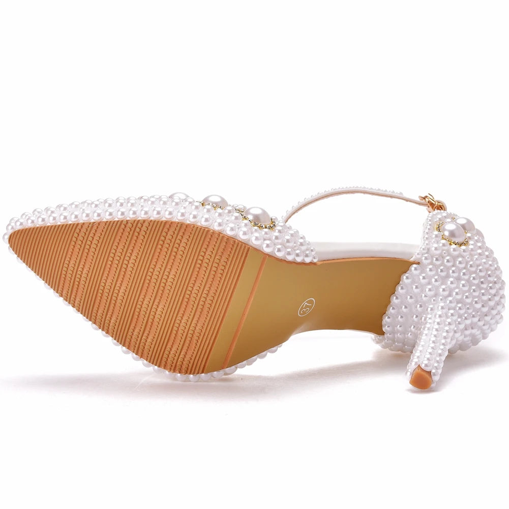 Crystal Queen Women Summer White Pearl Diamond Wedding Shoes High Heels Bride Dress Stiletto Show Party Sandals Pieces Buckles