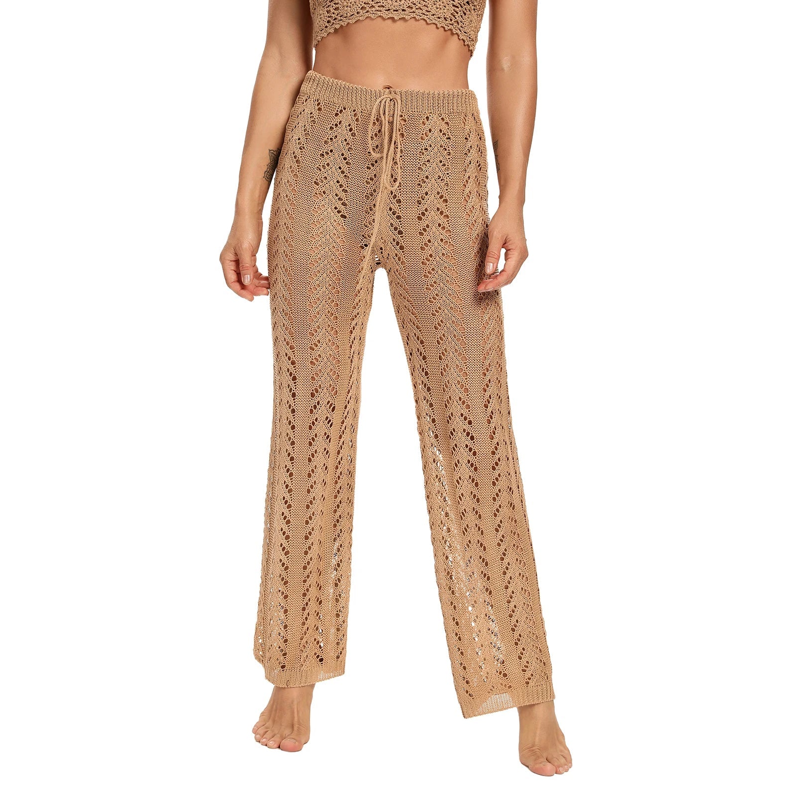 Women Beach Bikini Swim Pants Sexy Bikini Cover Up Sunscreen Nets pant Mesh Tunic Pareo Beachwear Crochet Slim Bikini Top Khaki