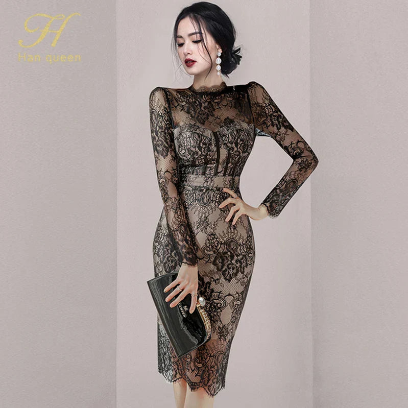 H Han Queen Autumn New See Through Lace Vestidos Korean Fashion Crochet Flowers Pencil Dress Elegant Simple Party Women Dresses Black