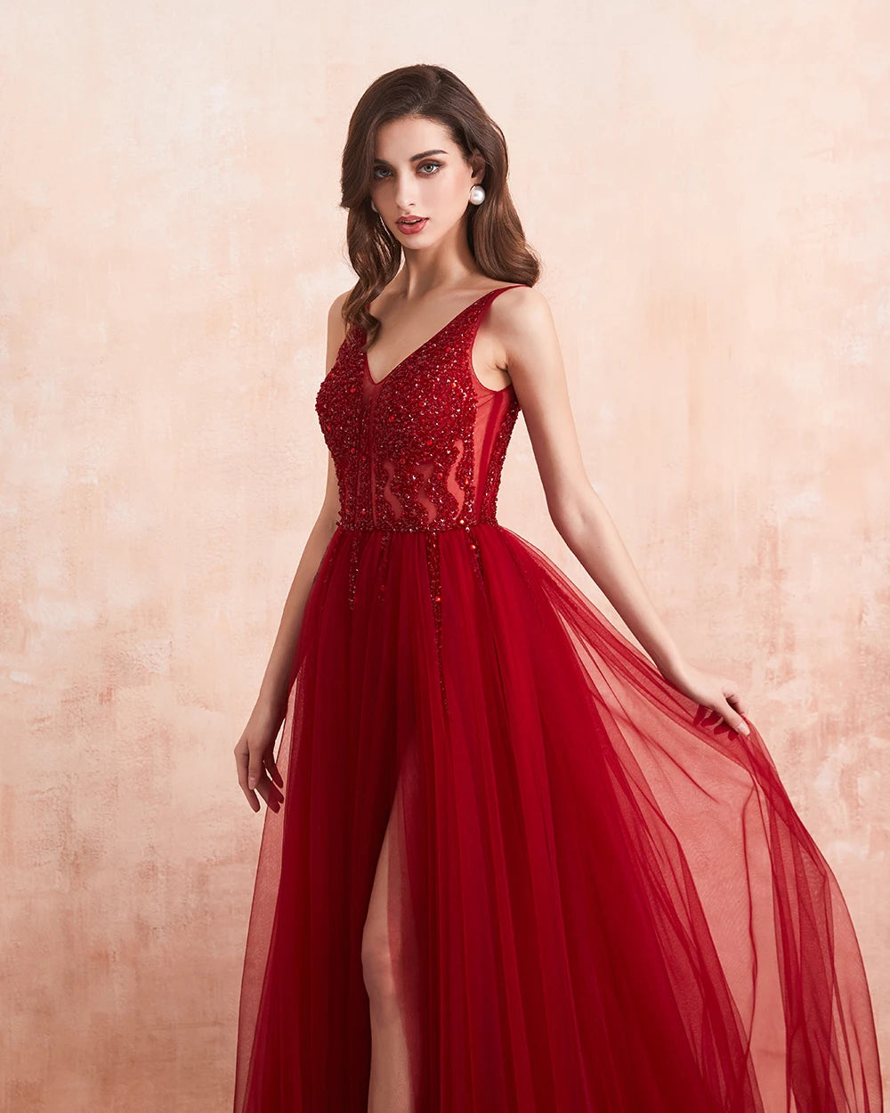 Beading Prom Dresses Long Sexy V-Neck High Split Tulle Sweep Train Sleeveless Evening Gown A-Line Backless Vestido De