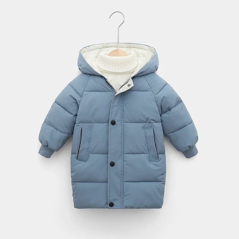 4-10 Years Boys Long Down Jackets Winter Kids Girls Thick Warm Hooded Outerwear Children Waistcoat Coat Fashion Casual Clothing Grayish blue