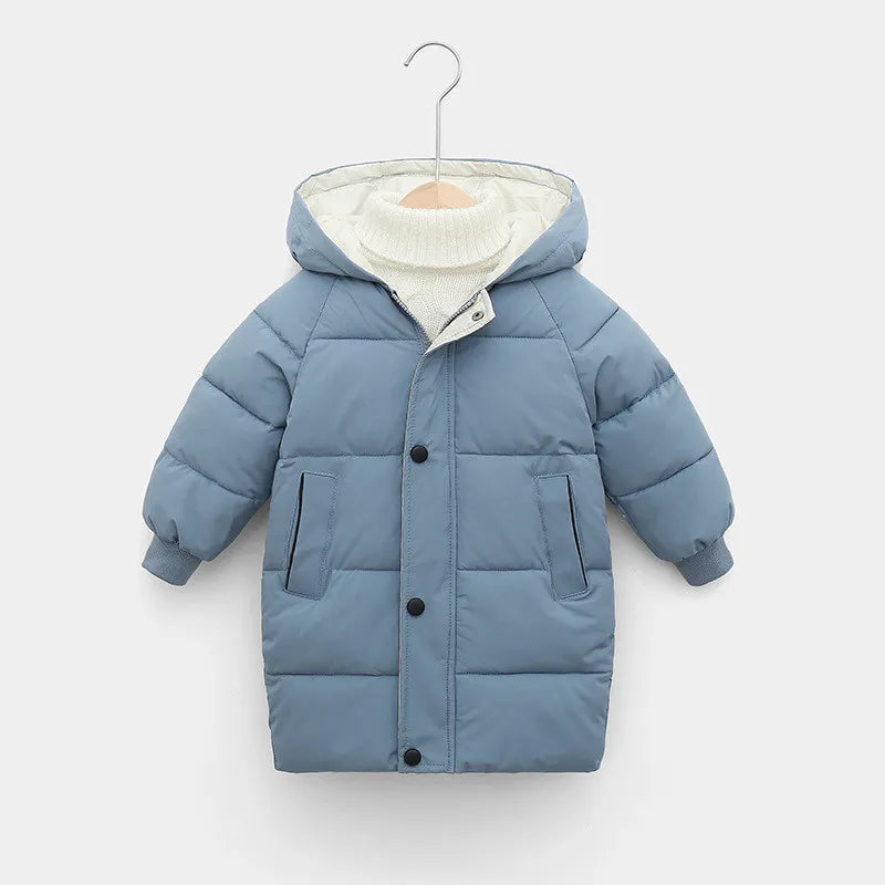 4-10 Years Boys Long Down Jackets Winter Kids Girls Thick Warm Hooded Outerwear Children Waistcoat Coat Fashion Casual Clothing Grayish blue