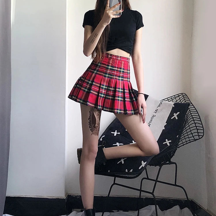 Vintage Red Plaid Pleated Skirt Women Y2k Mini High Waist Kawaii Skirt Female Summer College Style Tennis Short Skirts