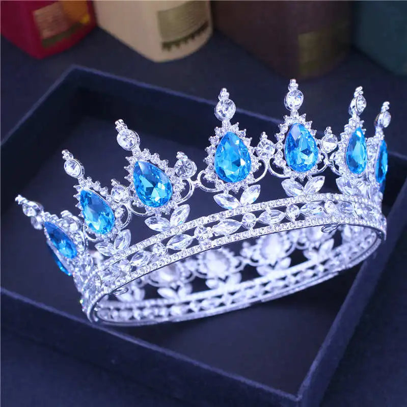 Crystal Queen King Tiaras and Crowns Bridal Diadem For Bride Women Headpiece Hair Ornaments Wedding Head Jewelry Accessories Silver Lake blue
