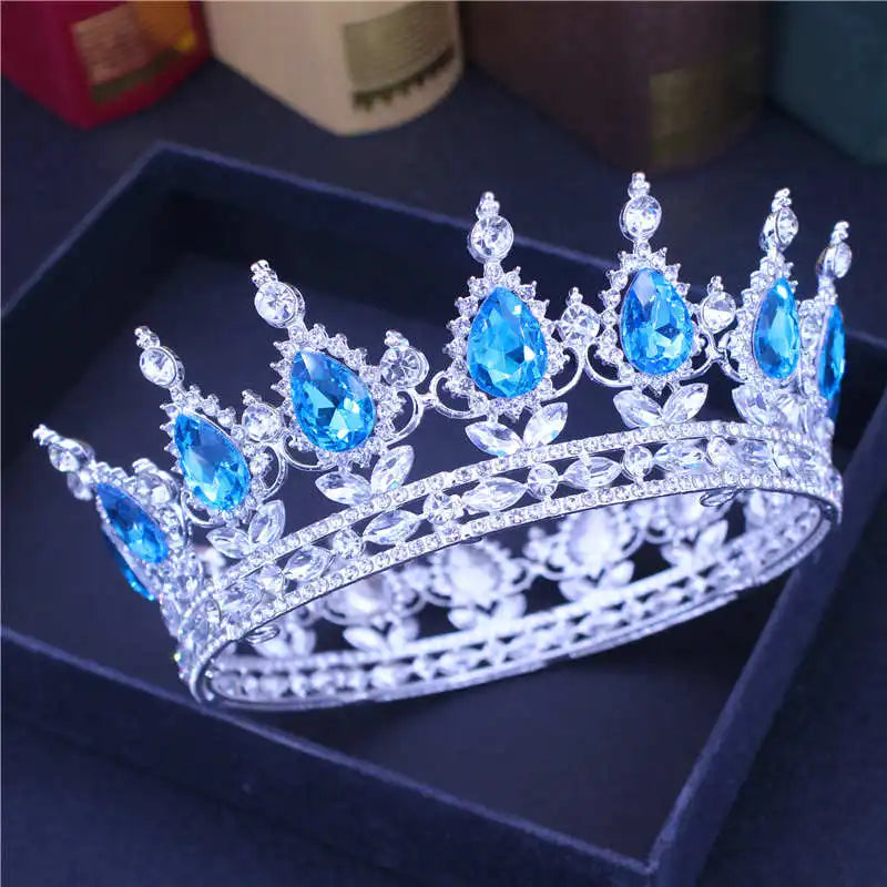 Crystal Queen King Tiaras and Crowns Bridal Diadem For Bride Women Headpiece Hair Ornaments Wedding Head Jewelry Accessories Silver Lake blue