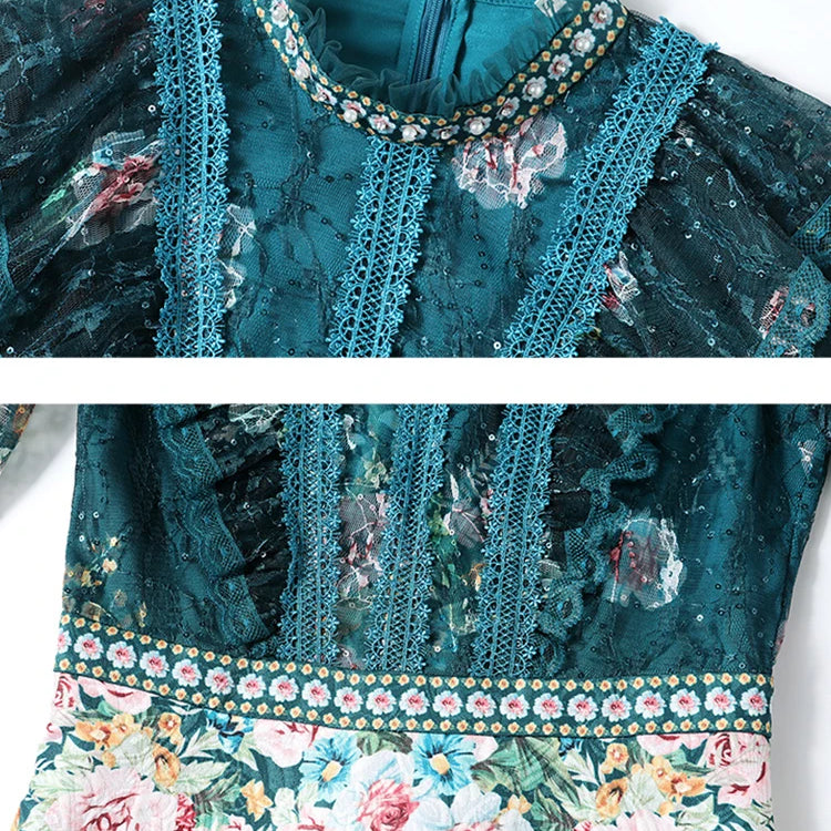 Spring Fashion Runway Flower Jacquard Dress Women's Beading Stand Long Sleeve Ruffles Lace Stitching Vintage Party Vestidos