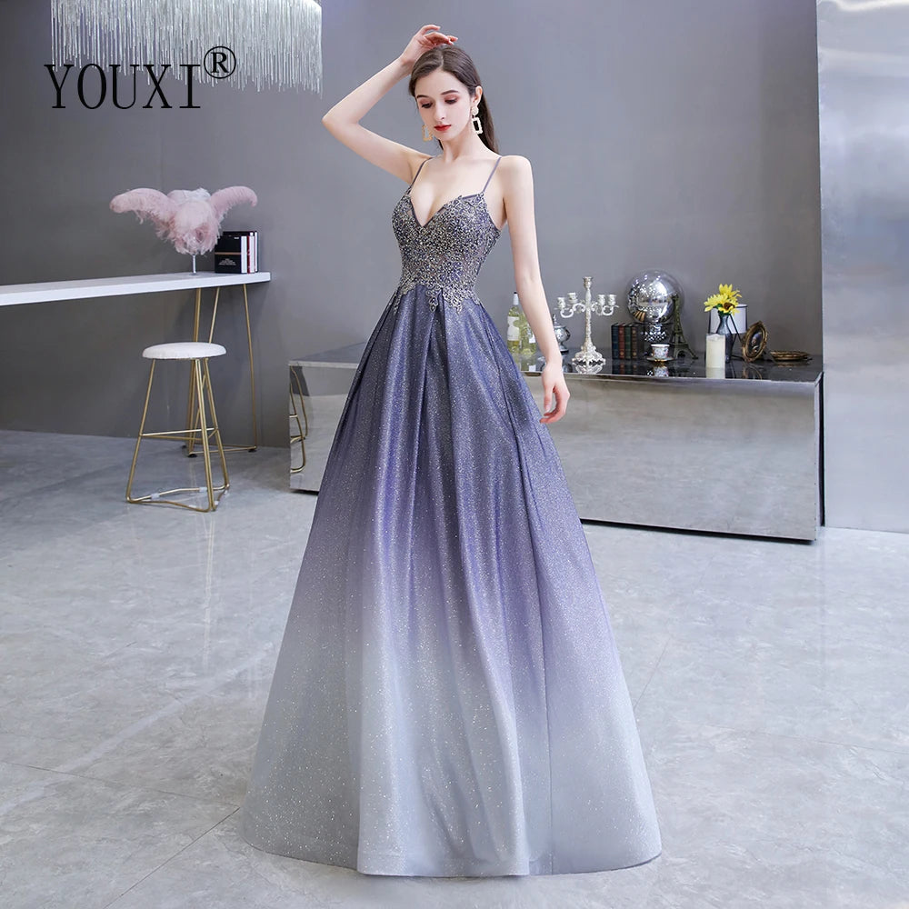 Prom Dresses Long with Pockets Sexy Spaghetti Straps Ombre Glitter Appliqued Beaded Formal Party Dress Vestido de Festa