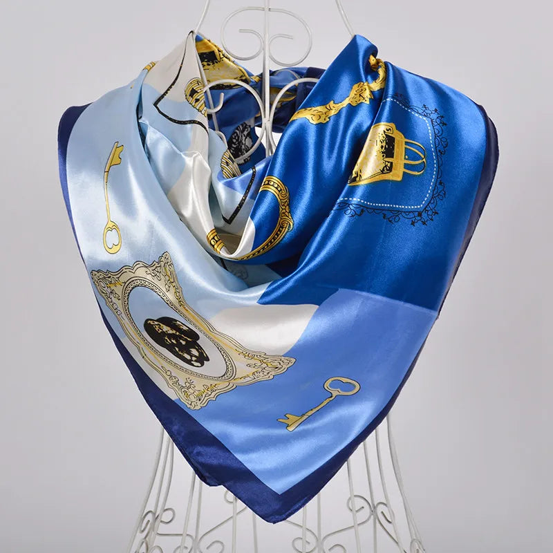 Ladies Green Coffee Square Scarves Printed Women Elegant Satin Large Silk Scarf Shawl 90*90cm Winter Neck Head Scarf blue