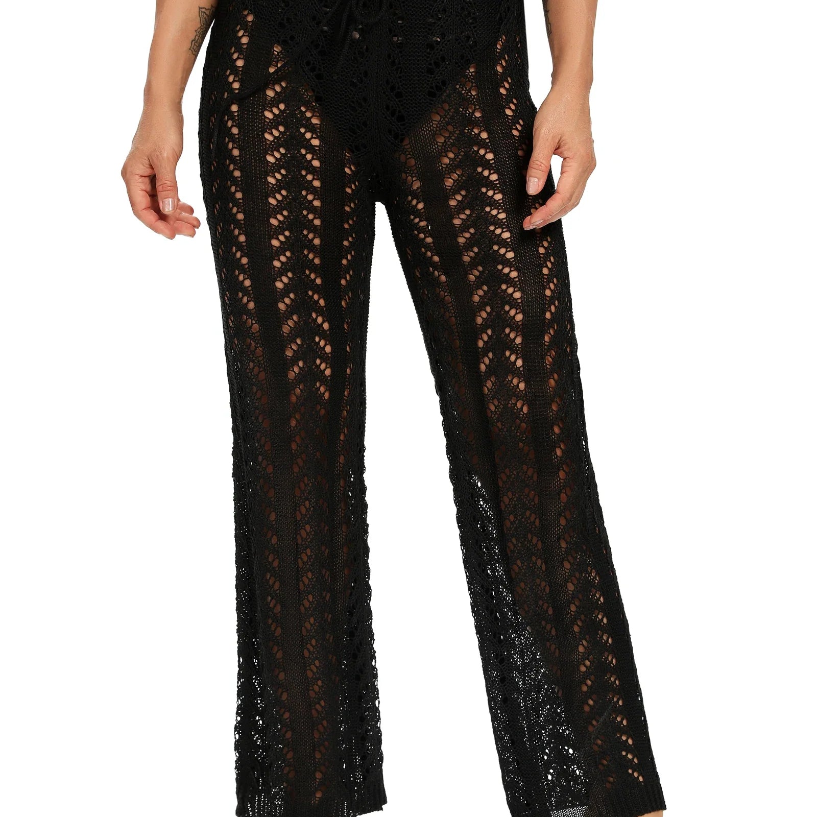 Women Beach Bikini Swim Pants Sexy Bikini Cover Up Sunscreen Nets pant Mesh Tunic Pareo Beachwear Crochet Slim Bikini Top black