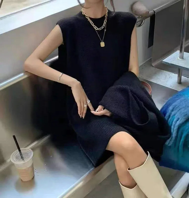 FIGOHR Thick Plain Knitted Dress Sets Women's Elegant Sweaters Lantern Sleeve Shawl and Dress 2 Pieces Outfits Autumn Winter