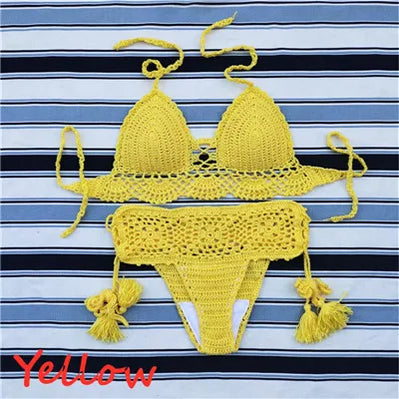 Handmade Crochet Push up Bikini Set Sexy Women Swimwear Crop Top Beach Swimsuit Suit Yellow