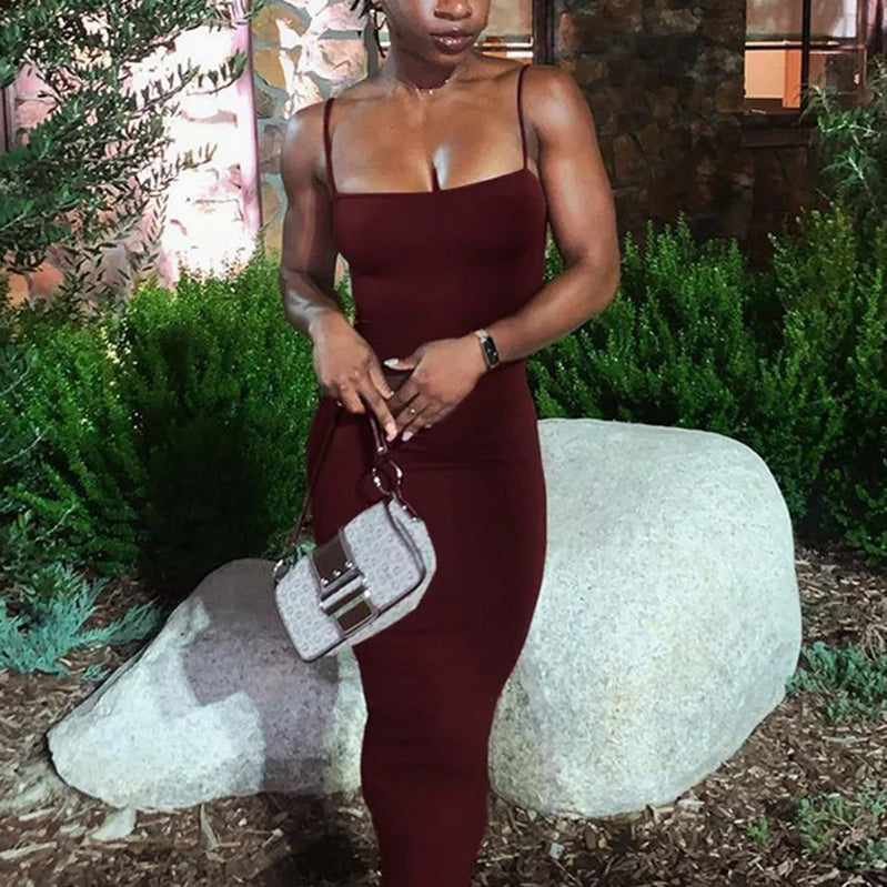 Women Casual Summer Spaghetti Strap Bodycon Dress Fashion Solid Color Sleeveless Backless Slim Fit Sling Long Dress