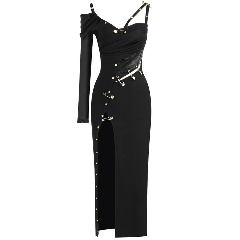 Vestido preto de manga comprida, um ombro só, aberto, rayon, bandagem, coquetel, festa, bodycon