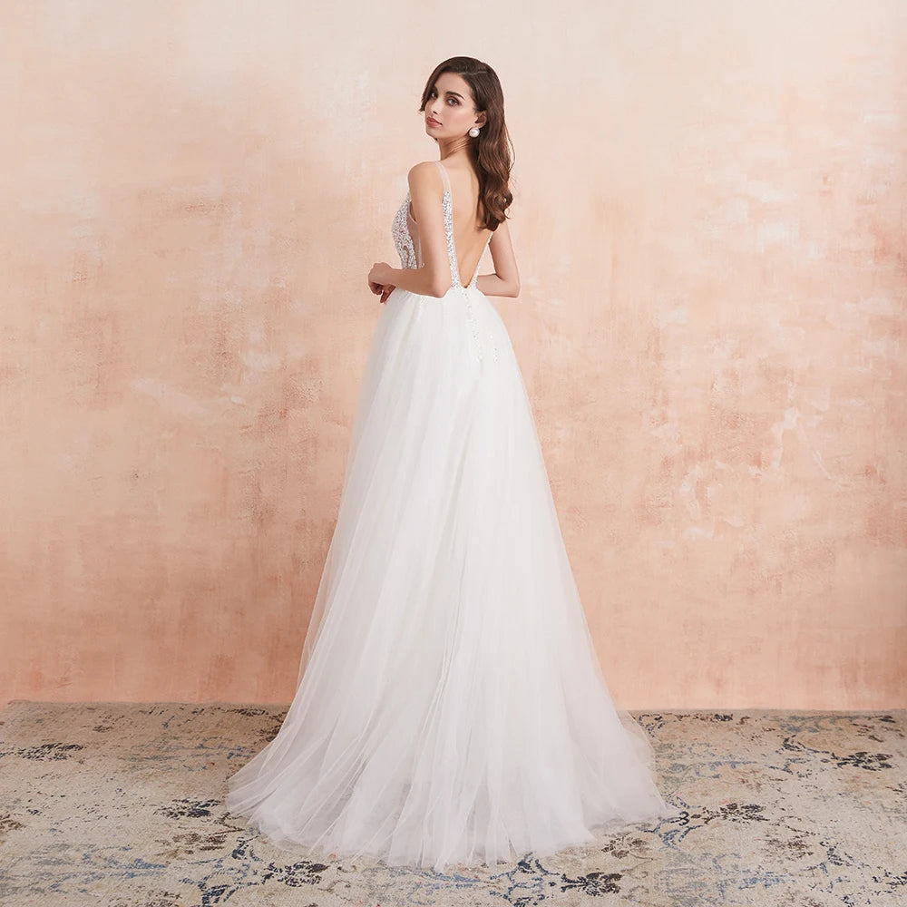 Beading Prom Dresses Long Sexy V-Neck High Split Tulle Sweep Train Sleeveless Evening Gown A-Line Backless Vestido De Ivory
