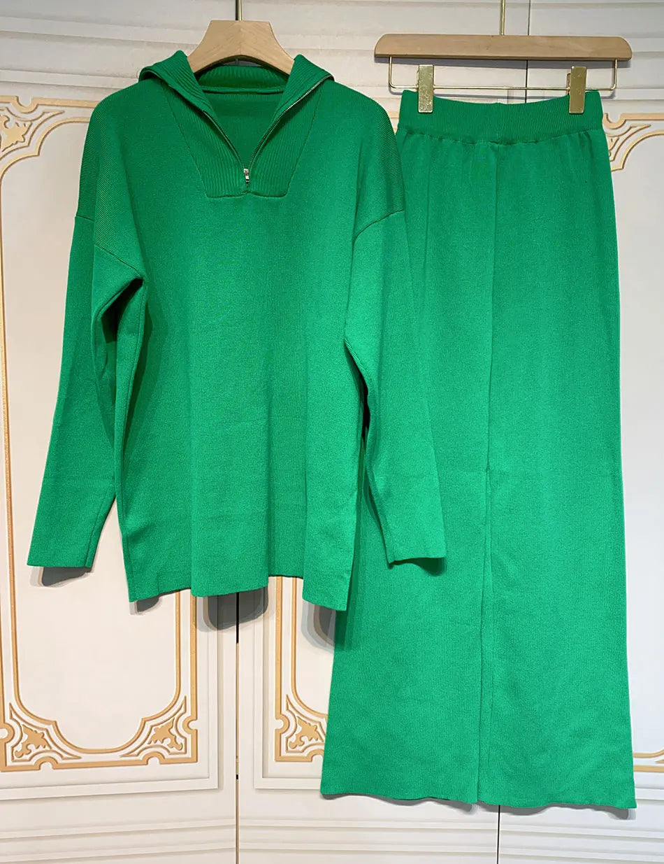 2024 Casual Autumn Loose Knit Sweater Set Fashion Zip Lapel Long Sleeve Pullover Sweater & Straight Pants Two-piece Set