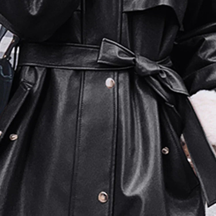 Winter Long Warm Thick Leather Trench Coat for Women with Faux Fur Inside Belt Loose Korean Fashion 2021 Fur Lined Parka