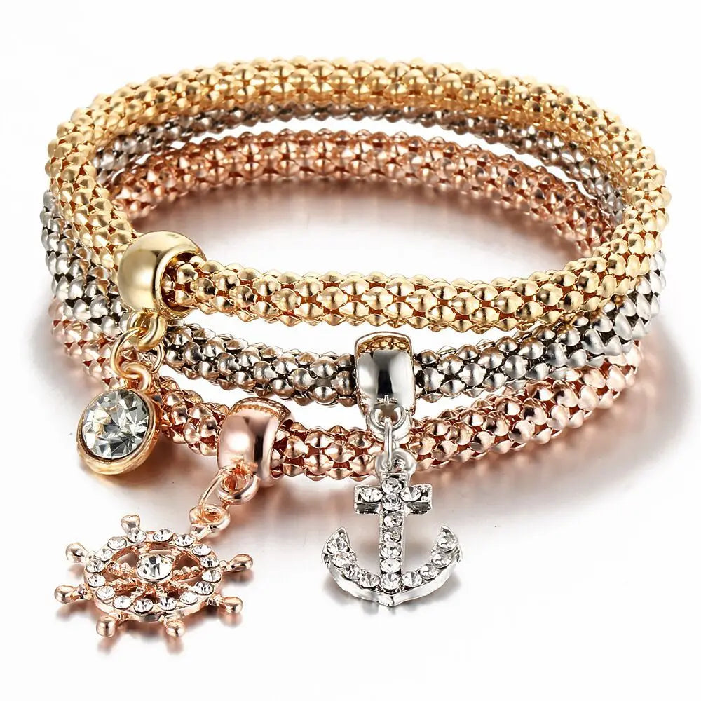3Colors/Lot Tree Of Life Elastic Bracelet Set For Women Crystal Owl Key Lock Music Note Butterfly Heart Charm Bangle Jewelry Rudder
