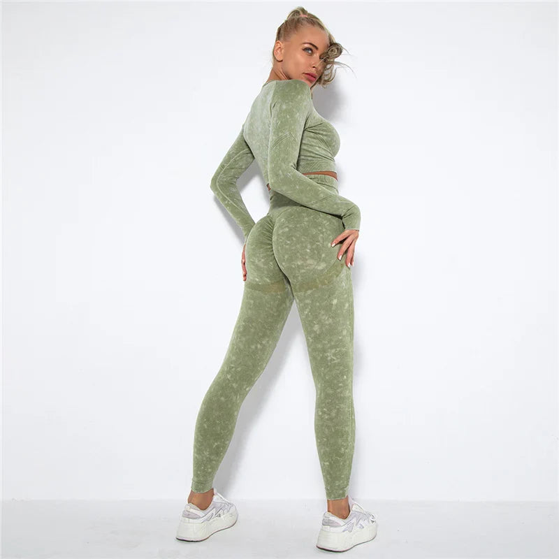 Women Seamless Yoga Set Fitness Sports Suits Gym Clothing Long Sleeve Crop Top Shirts High Waist Running Leggings Workout Pants Army Green 2pcs