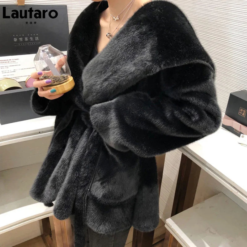 Winter Black Warm Oversized Faux Fur Cardigan Women Drop Shoulder Long Sleeve Sashes Loose Stylish Korean Fashion 2021