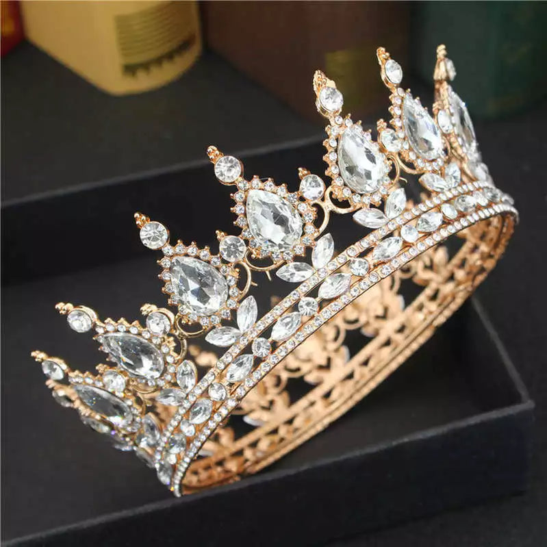 Crystal Queen King Tiaras and Crowns Bridal Diadem For Bride Women Headpiece Hair Ornaments Wedding Head Jewelry Accessories Gold Plated Crystal