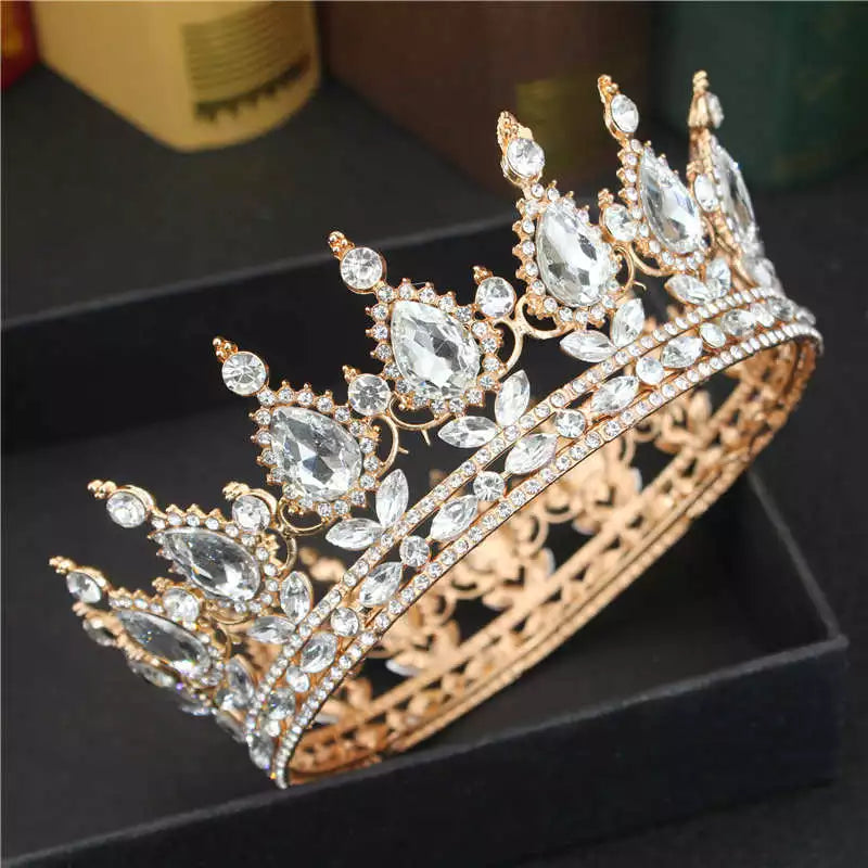 Crystal Queen King Tiaras and Crowns Bridal Diadem For Bride Women Headpiece Hair Ornaments Wedding Head Jewelry Accessories Gold Plated Crystal