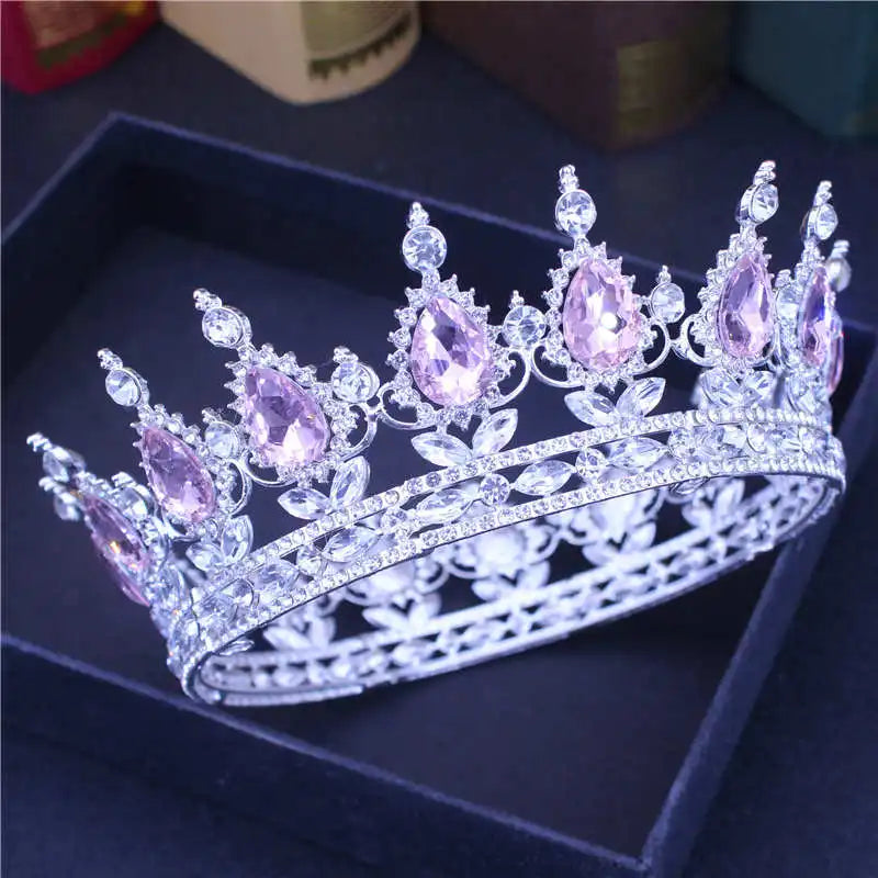 Crystal Queen King Tiaras and Crowns Bridal Diadem For Bride Women Headpiece Hair Ornaments Wedding Head Jewelry Accessories Silver pink