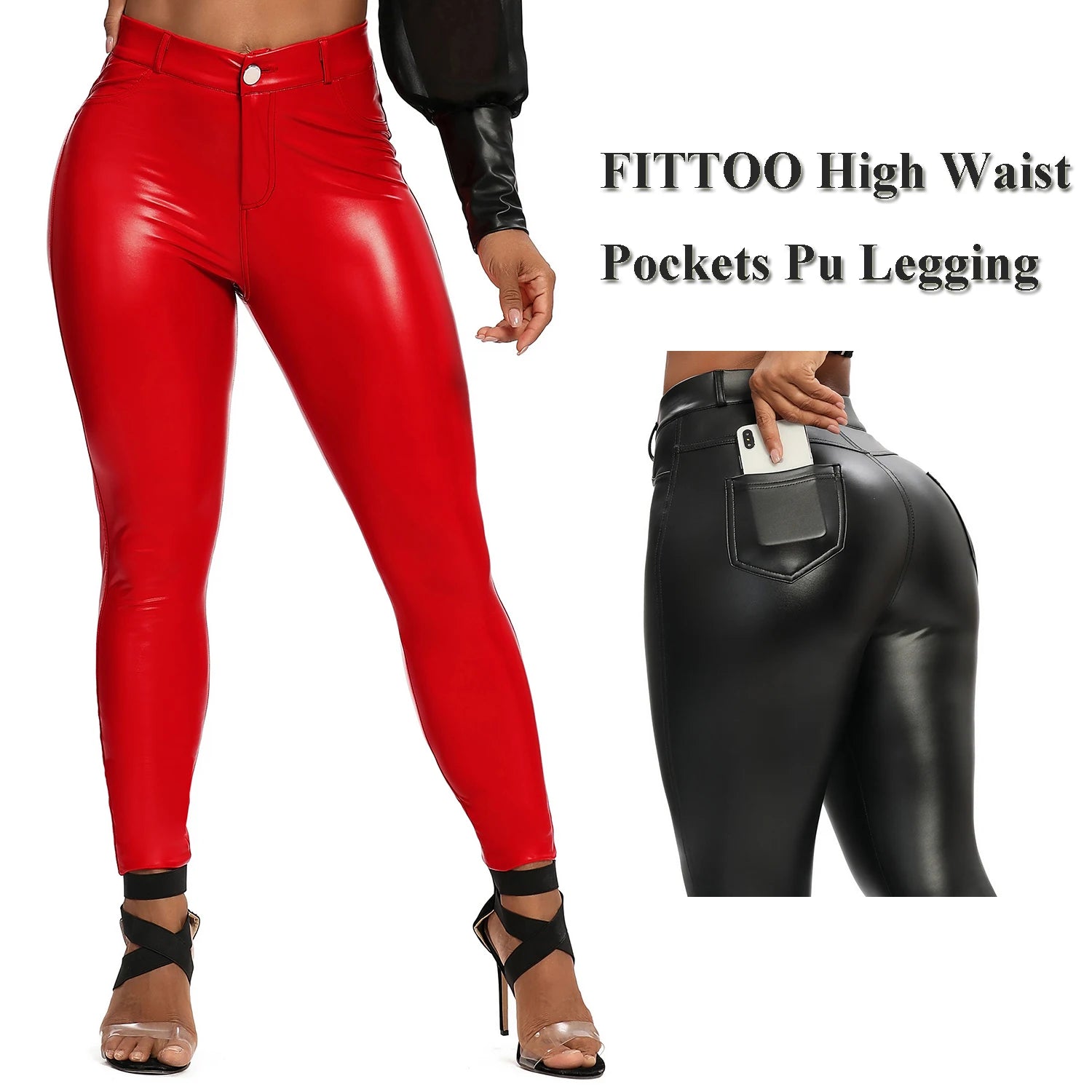 Women PU Leather Leggings Black Pockets Leather Pencil Pants High Waist Sexy Skinny Stretch Leggings Thin Velvet Leather Trouser