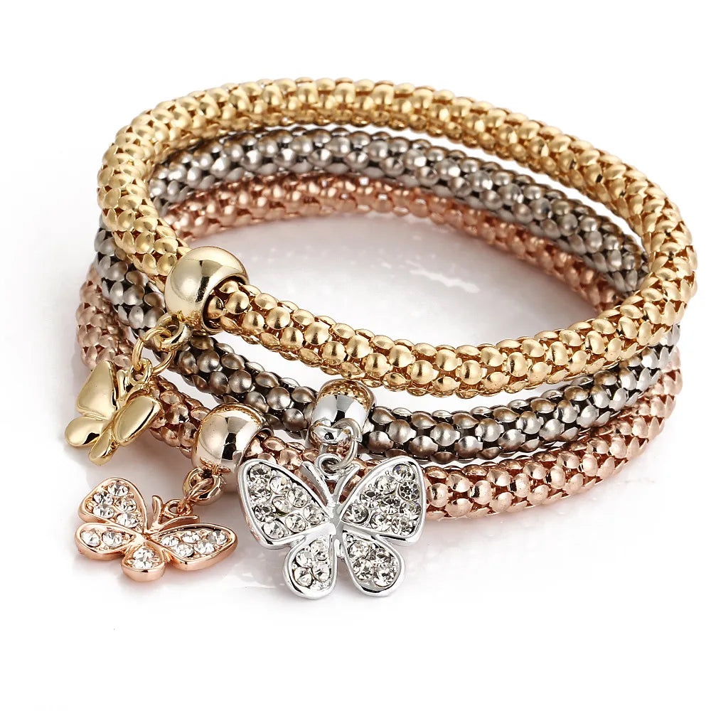 3Colors/Lot Tree Of Life Elastic Bracelet Set For Women Crystal Owl Key Lock Music Note Butterfly Heart Charm Bangle Jewelry Butterfly