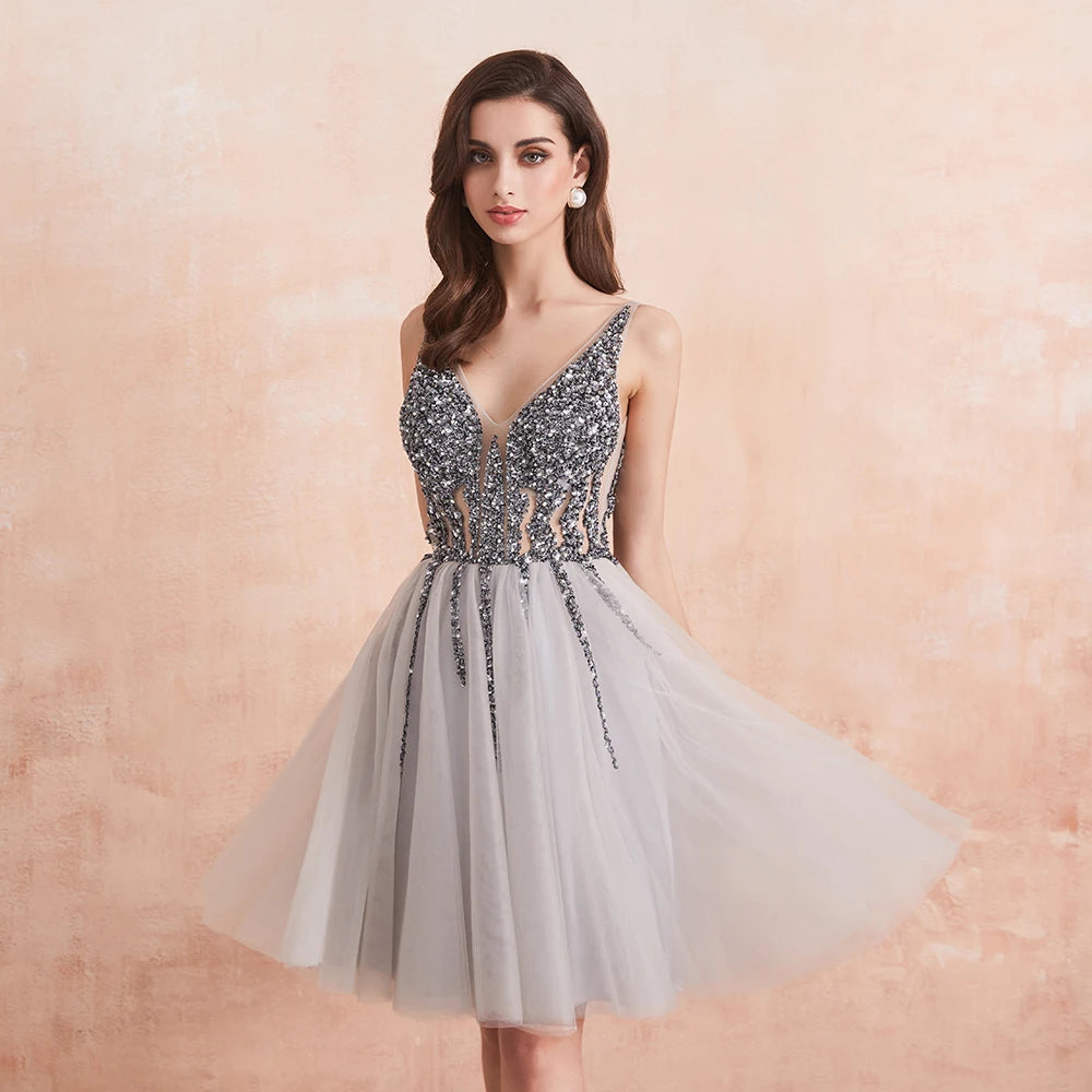 Sparkle Crystal Beaded Short Cocktail Dresses Gray Homecoming Dress Double V-Neck Sexy Shiny Mini Prom Gown robe de cocktail