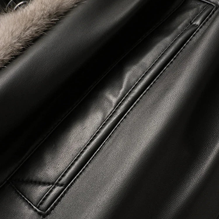 Winter Long Warm Thick Black Leather Coat Women with Fur Inside Elegant Luxury Faux Fur Lined Jacket Parka Fashion 2021