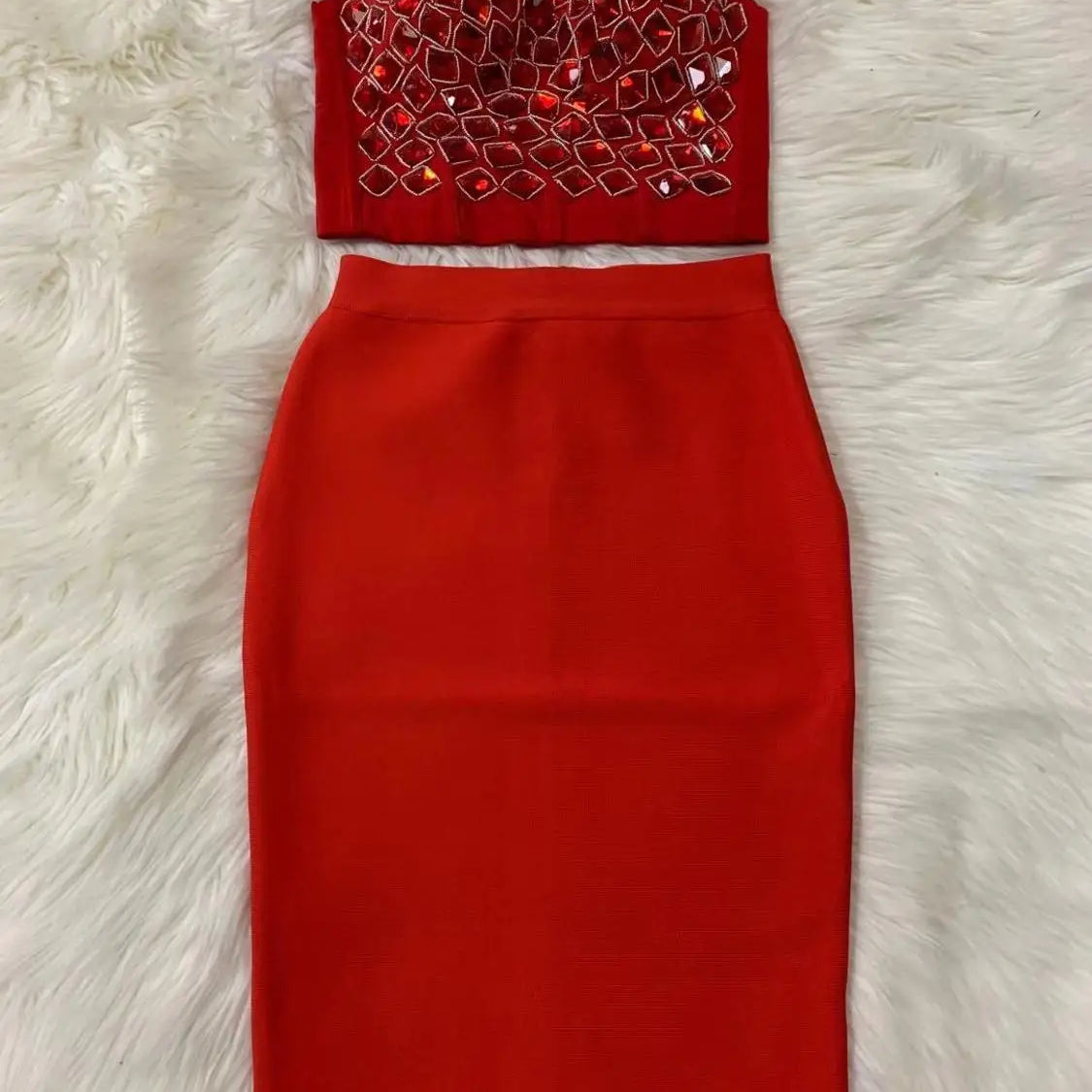 Red Mantual Beading Two Pieces Set Rayon Bandage Elegant Club Party Dress