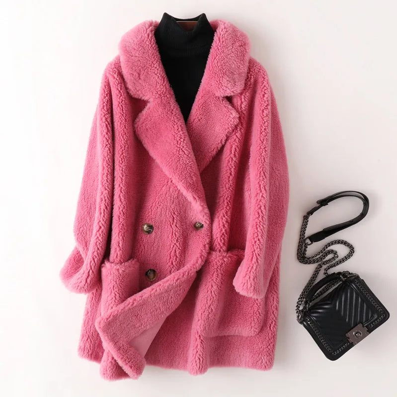Real Fur Coat High Quality Australian Womens Natural Wool Coats Thick Warm Elegant Loose Large Size Long Outwear For Women Rose Red