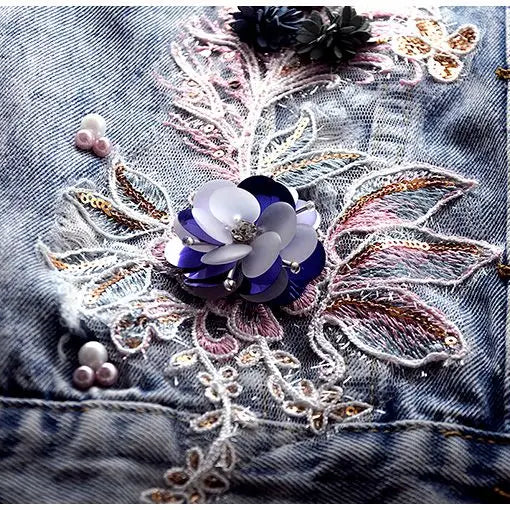 Student Vest Slim Short Jacket Embroidery Flowers Sleeveless Denim Vest Women's Beaded Waistcoat Hole Jeans Vest Coat Girl