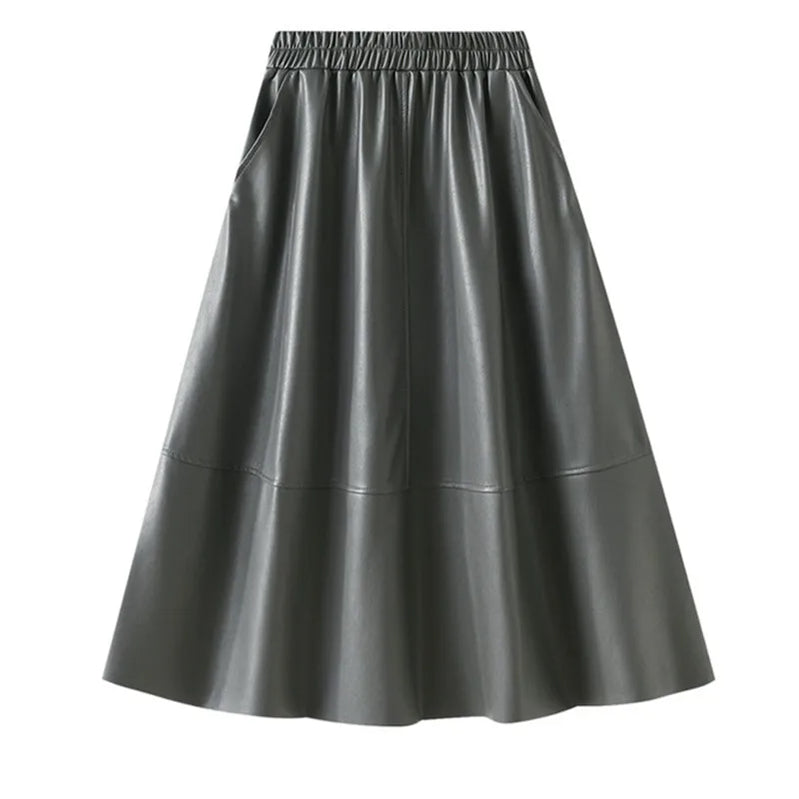 Neophil Korean Style Latex Sarong Women Winter Skirts Solid Retro Pu Faux Leather Umbrella Pockets Gray Midi Skirt S211101 GRAY One Size