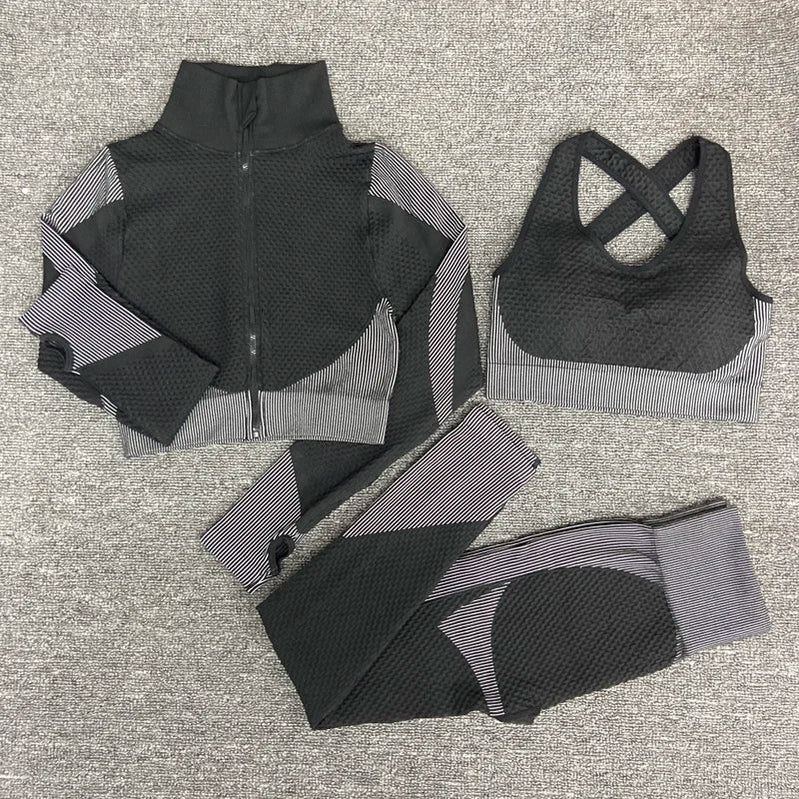 Seamless Women Yoga Sets Female Sport Gym Suits Wear Running Clothes Women Fitness Sport Yoga Suit Long Sleeve Yoga Clothing 3PcsSetWhite