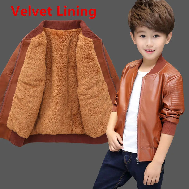 Boys Coats Autumn Winter Fashion Children's Plus Velvet / No Velvet Two styles Warming Cotton PU Leather Jacket For 1-11Y Kids Velvet Coffee
