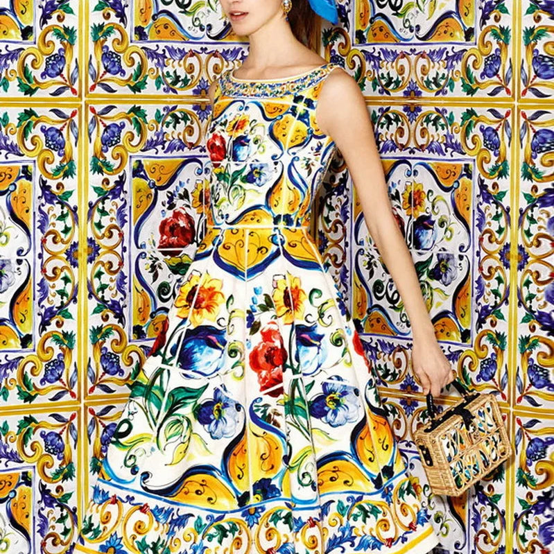 Luxury Designer Fashion Women's Midi Dress WIth Multicolor Floral Print Summer Clothing for Holiday Party Vacation 2024