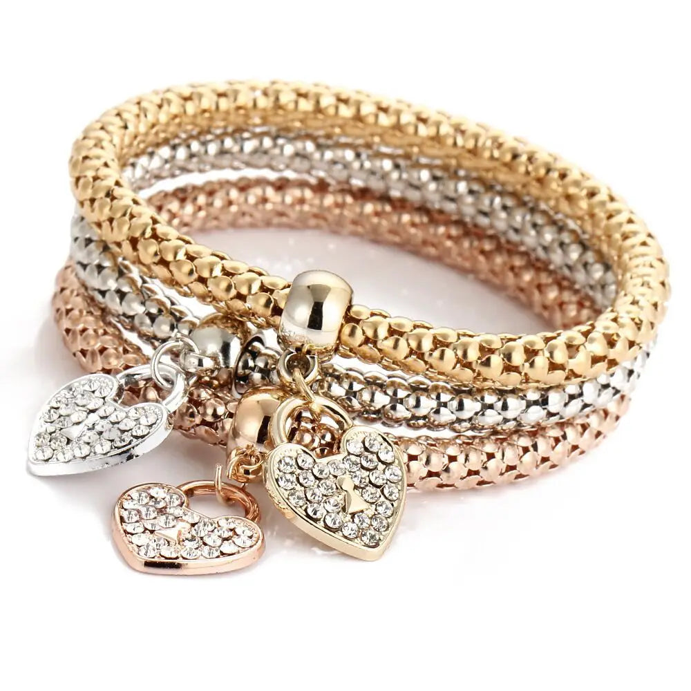 3Colors/Lot Tree Of Life Elastic Bracelet Set For Women Crystal Owl Key Lock Music Note Butterfly Heart Charm Bangle Jewelry Heart