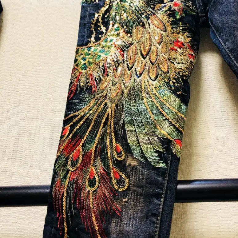 Women's Korean Fashion high waist phoenix embroidery Jeans Female Sexy Jeans Plus Size slim denim pants TB509