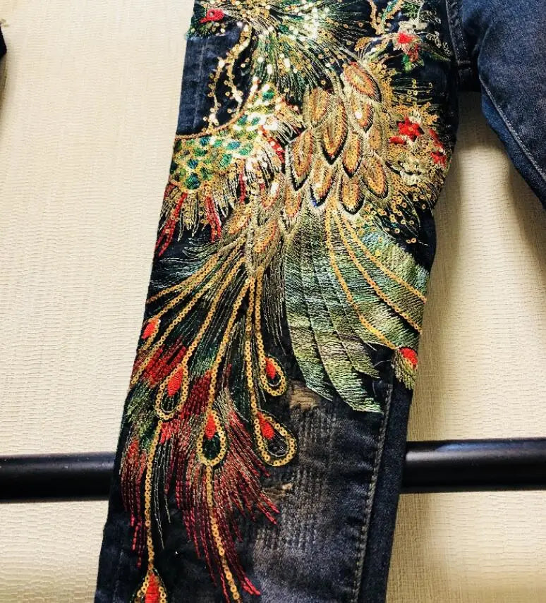 Women's Korean Fashion high waist phoenix embroidery Jeans Female Sexy Jeans Plus Size slim denim pants TB509