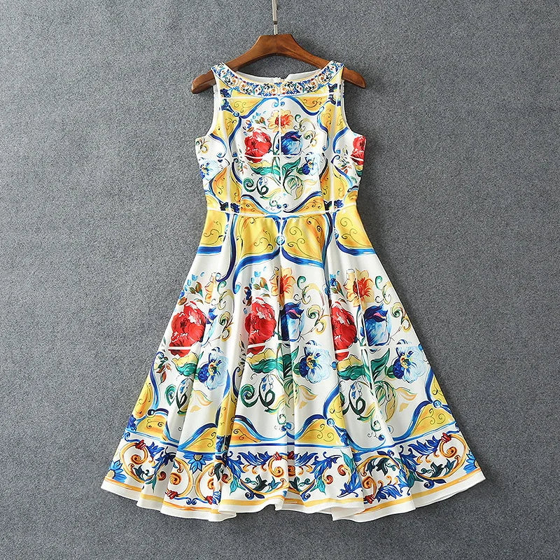 Luxury Designer Fashion Women's Midi Dress WIth Multicolor Floral Print Summer Clothing for Holiday Party Vacation 2024