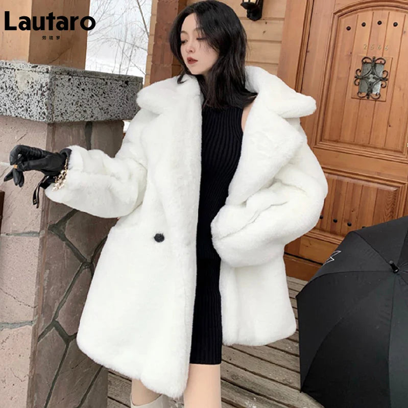 Winter Warm White Faux Fur Coat Women Long Sleeve Lapel Double Breasted Luxury Elegant Fluffy Fake Rabbit Fur Blazers