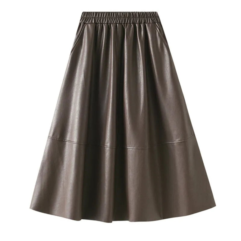 Neophil Korean Style Latex Sarong Women Winter Skirts Solid Retro Pu Faux Leather Umbrella Pockets Gray Midi Skirt S211101