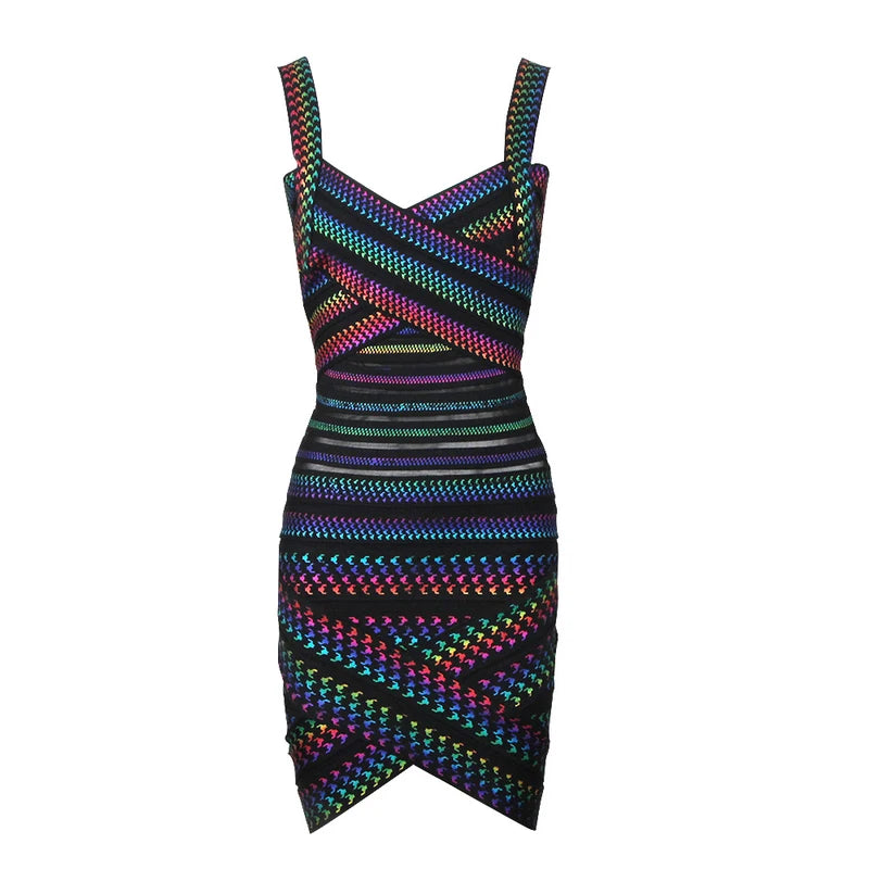 Vestido de festa à noite com estampa de rayon e listras coloridas de celebridades